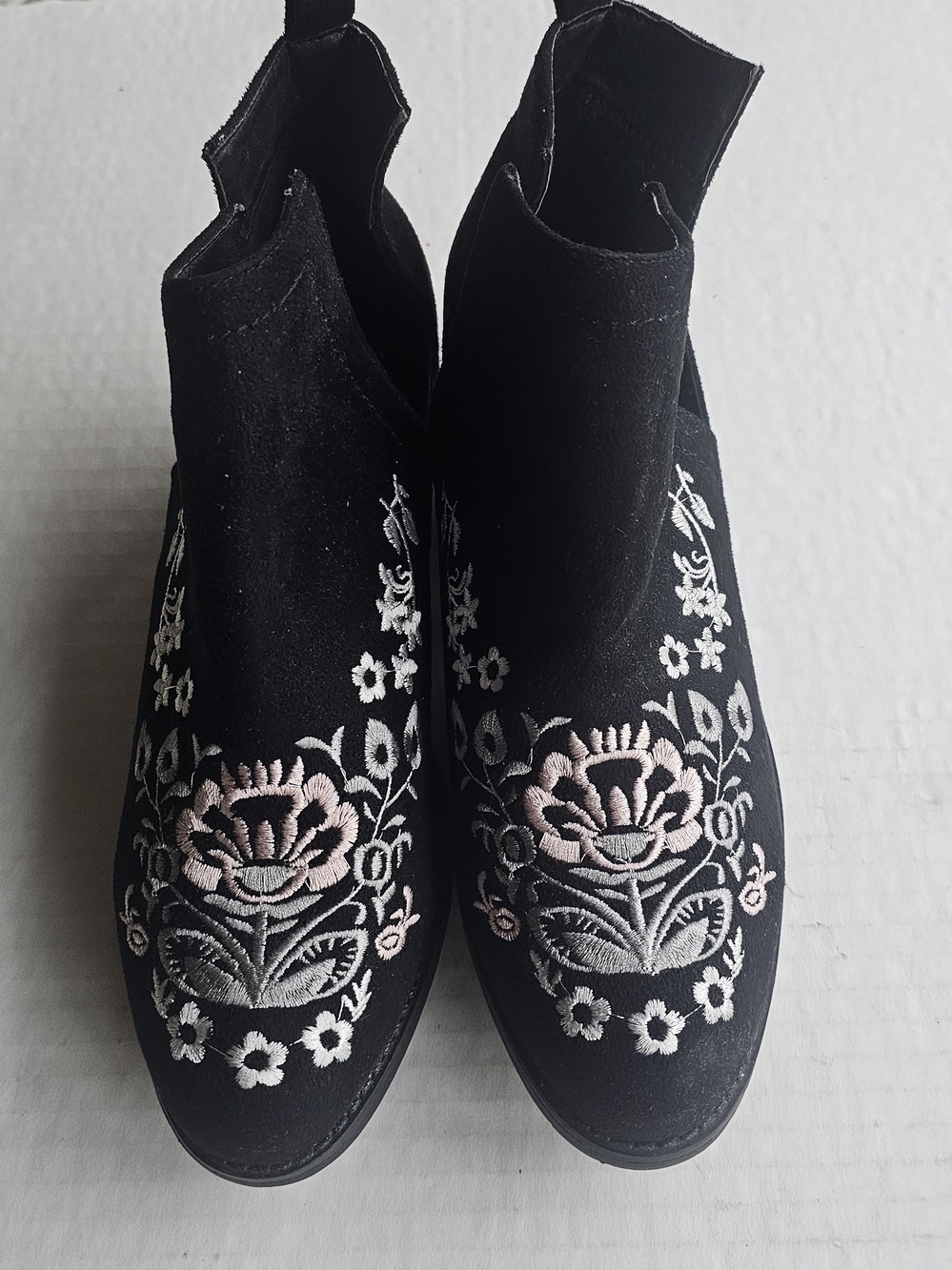 Olivia Miller Black Ankle Booties with Pink & White Floral Embroidery